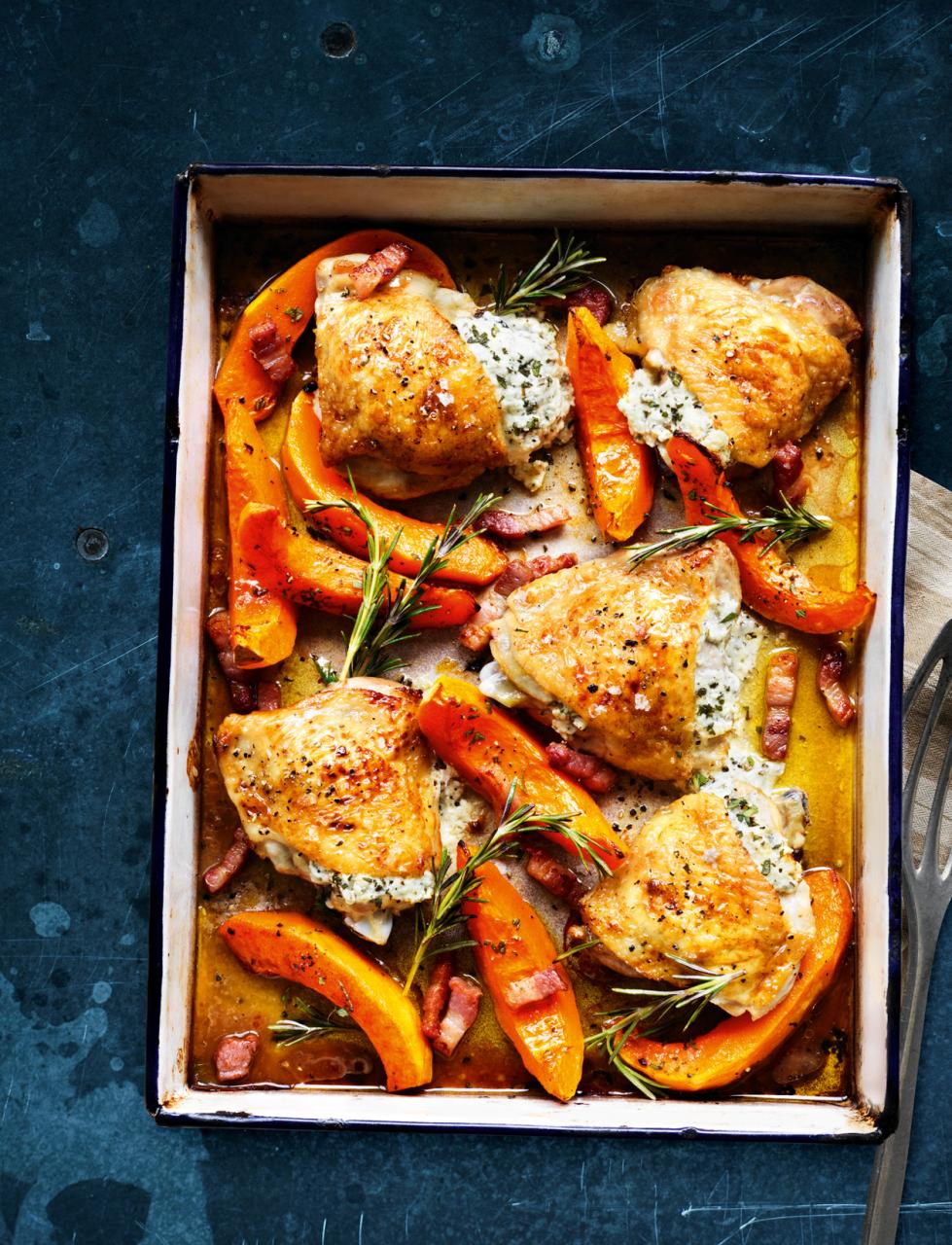 Chicken and goats' cheese traybake recipe | Sainsbury`s Magazine