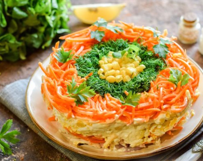 Puff Salad with Chicken, Corn, Korean Carrots and Cheese