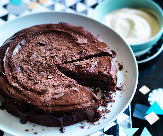 Chocolate, prune and walnut cake with chocolate & sherry ganache